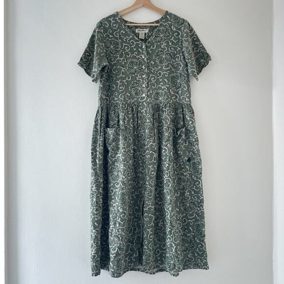 Vtg 90's Eddie Bauer Green Patterned Linen Short Sleeve Maxi Dress Sz Petite M/M - Picture 1 of 10